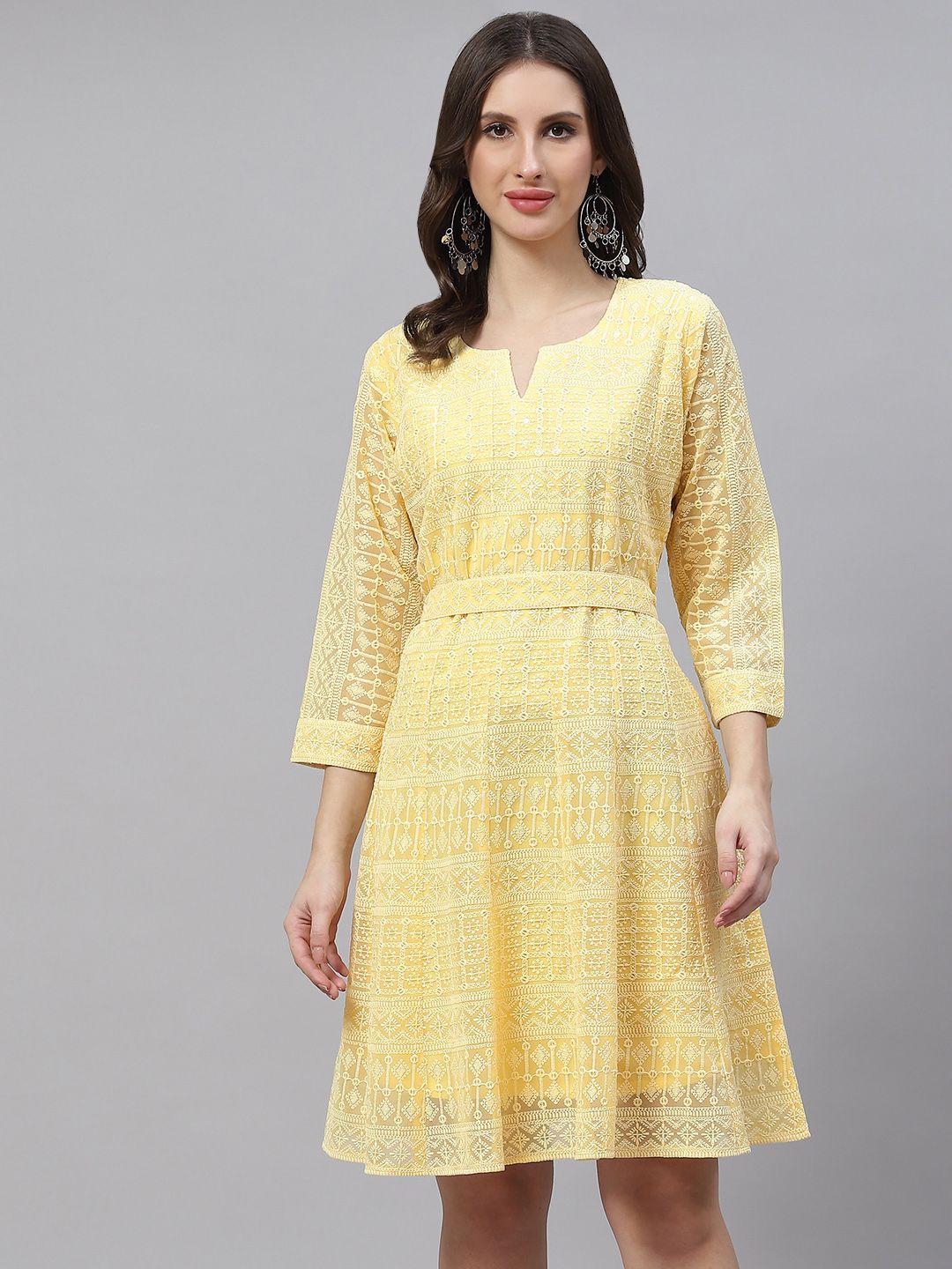 zola-women-yellow-pure-georgette-chikankari-a-line-dress-with-belt