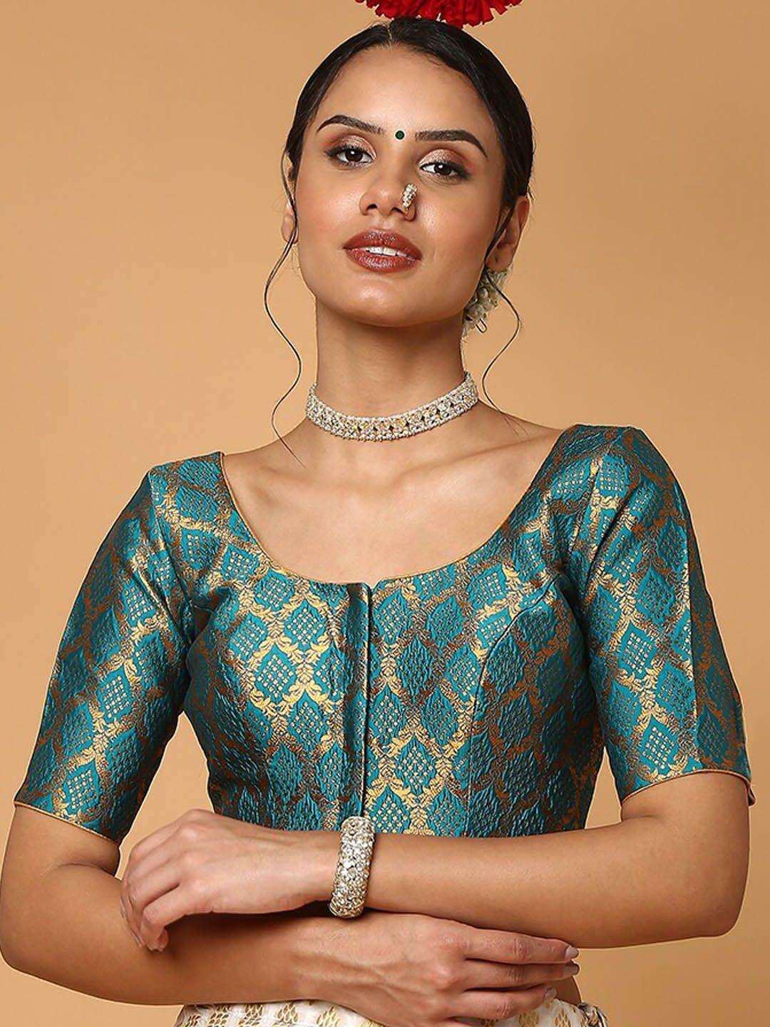 salwar-studio--green-&-golden-printed-brocade-saree-blouse