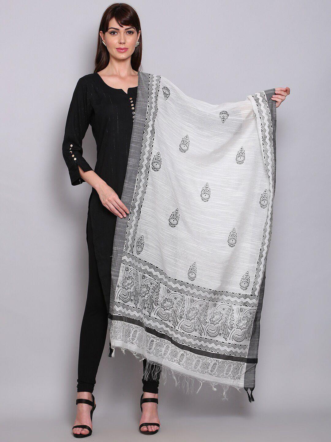 miaz-lifestyle-white-&-grey-ethnic-motifs-printed-pure-cotton-block-print-dupatta-with-kantha-work