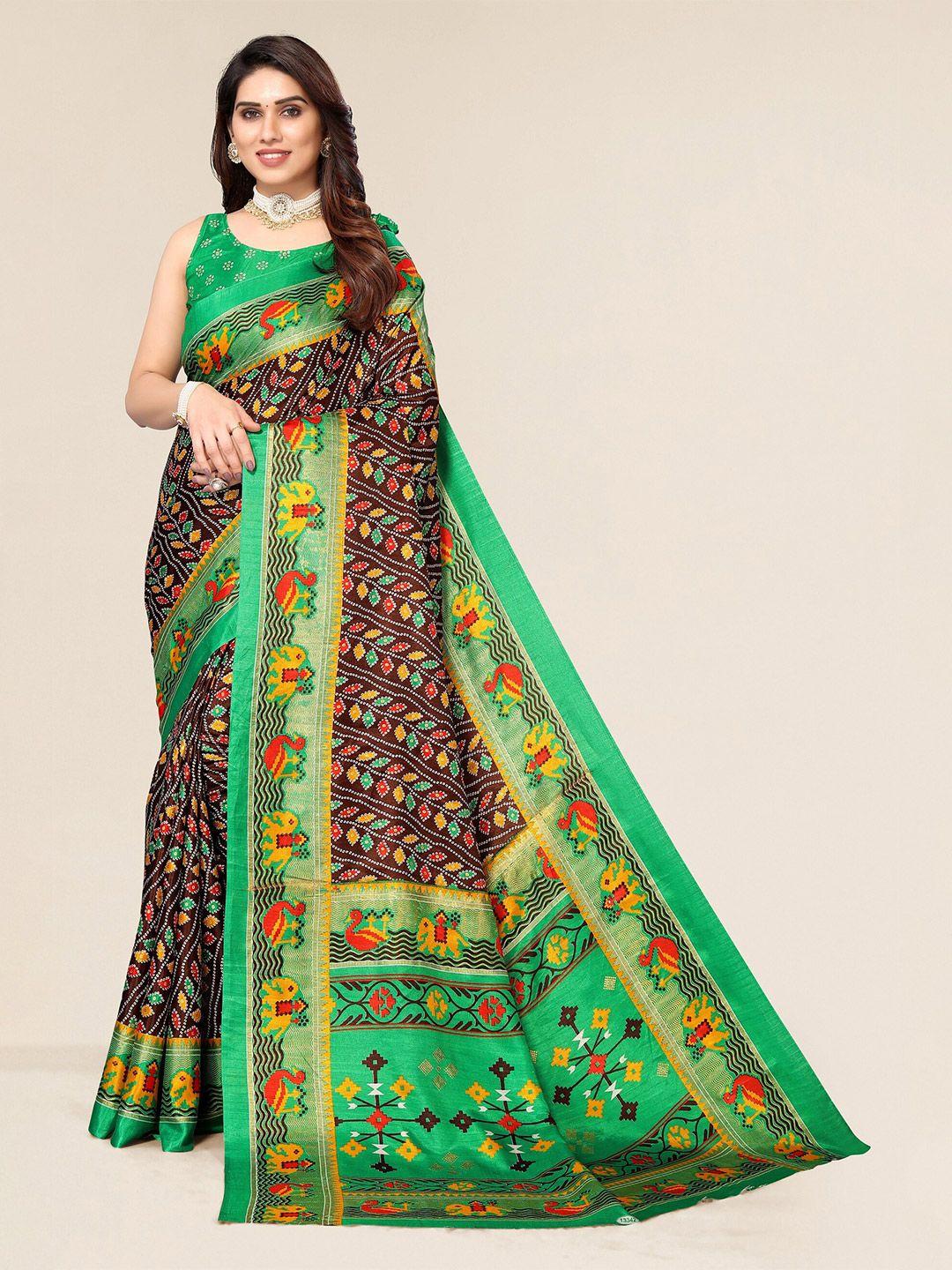 winza-designer-brown-&-green-bandhani-zari-silk-cotton-mysore-silk-saree