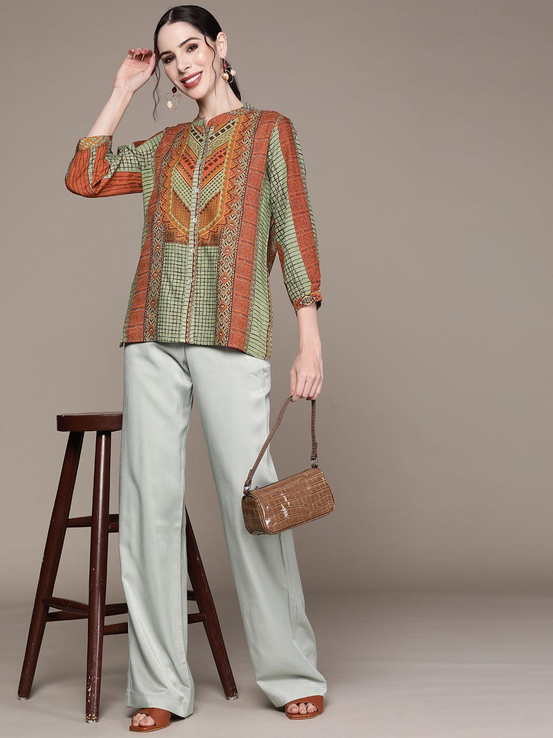 aarke-ritu-kumar-women-green-&-brown-print-mandarin-collar-shirt-style-top