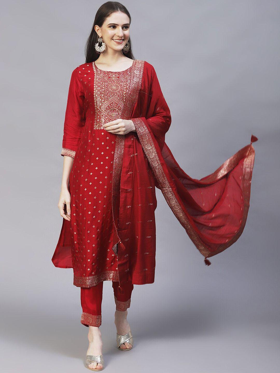 fashor-women-maroon-ethnic-motifs-yoke-design-thread-work-kurta-with-trousers-&-dupatta