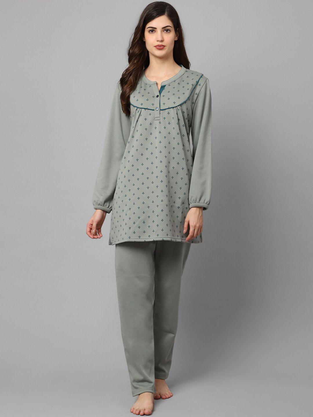 kanvin-women-olive-green-&-blue-printed-night-suit