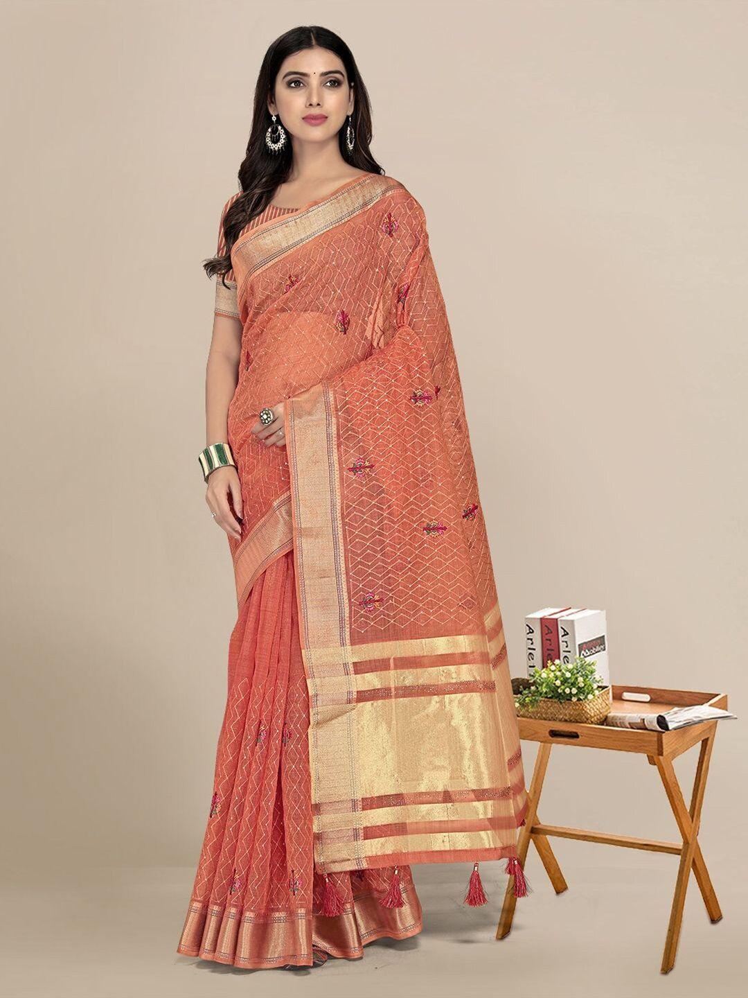 mitera-peach-coloured-&-gold-toned-floral-zari-silk-blend-saree