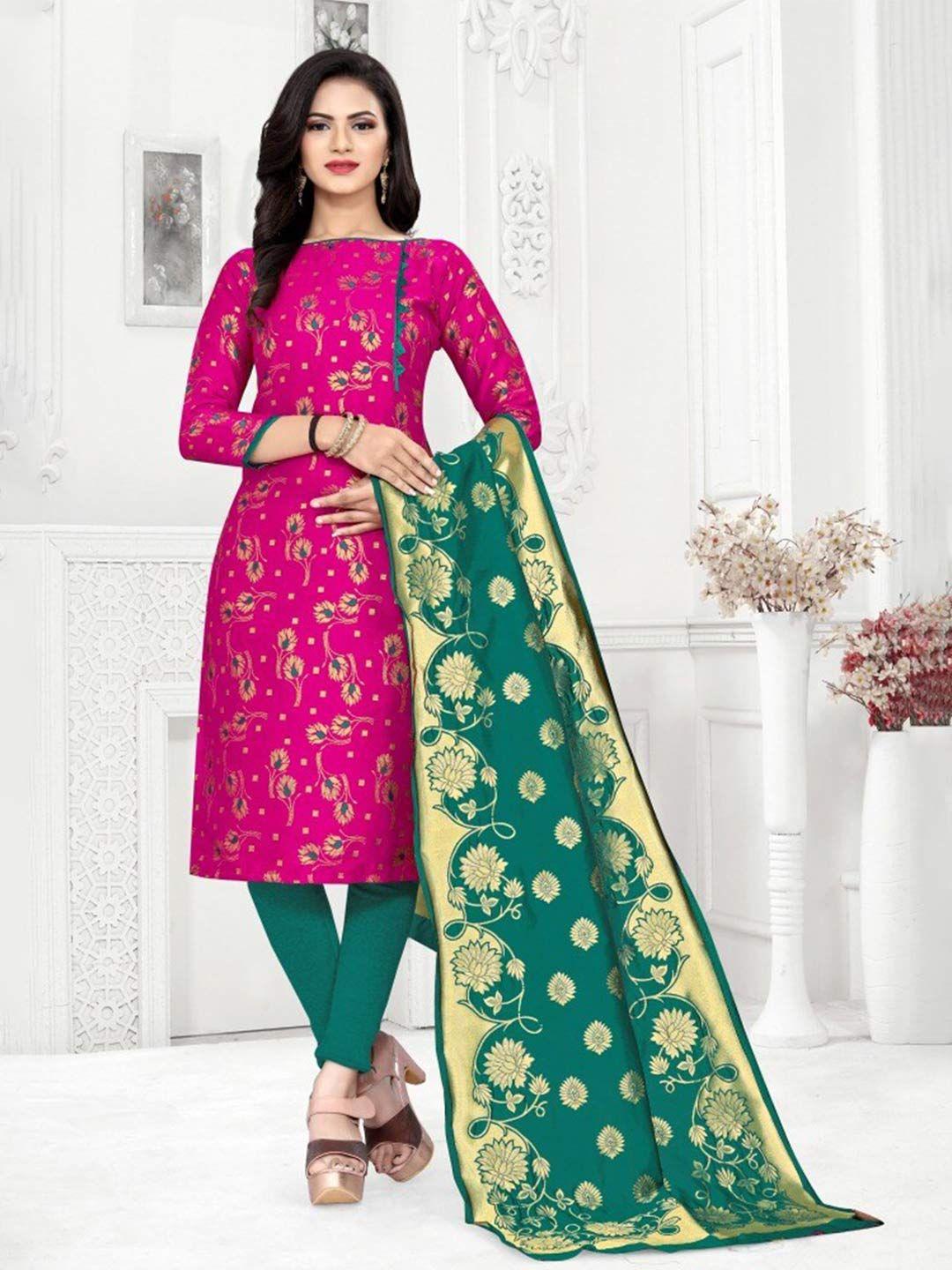 morly-pink-&-green-dupion-silk-banarasi-unstitched-dress-material