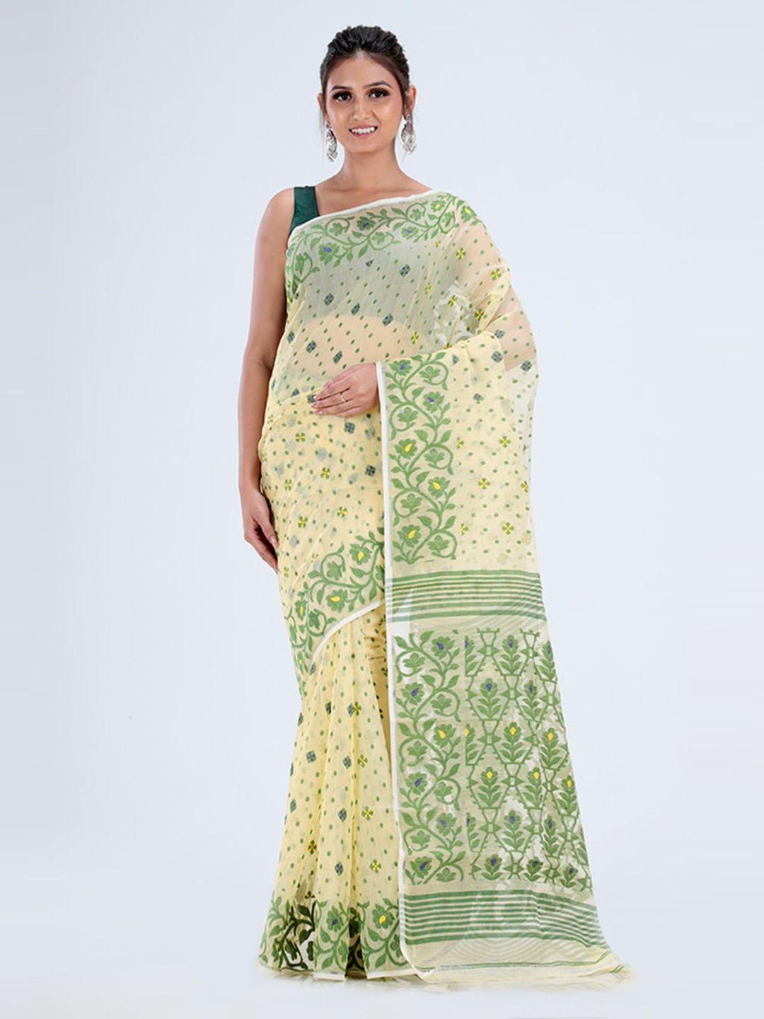 allsilks-cream-coloured-&-green-floral-jamdani-saree