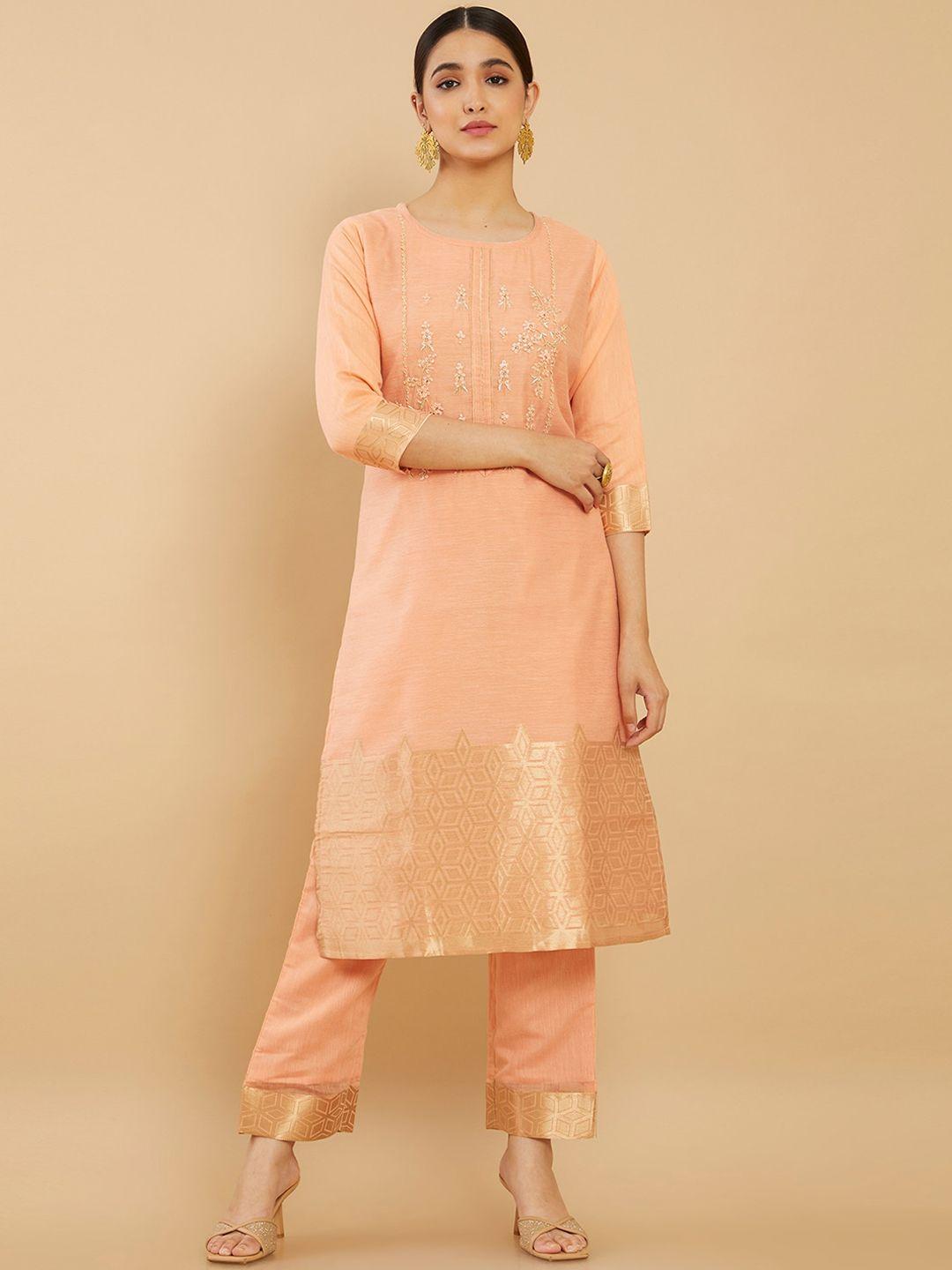 soch-women-peach-coloured-floral-embroidered-thread-work-kurta-with-trousers