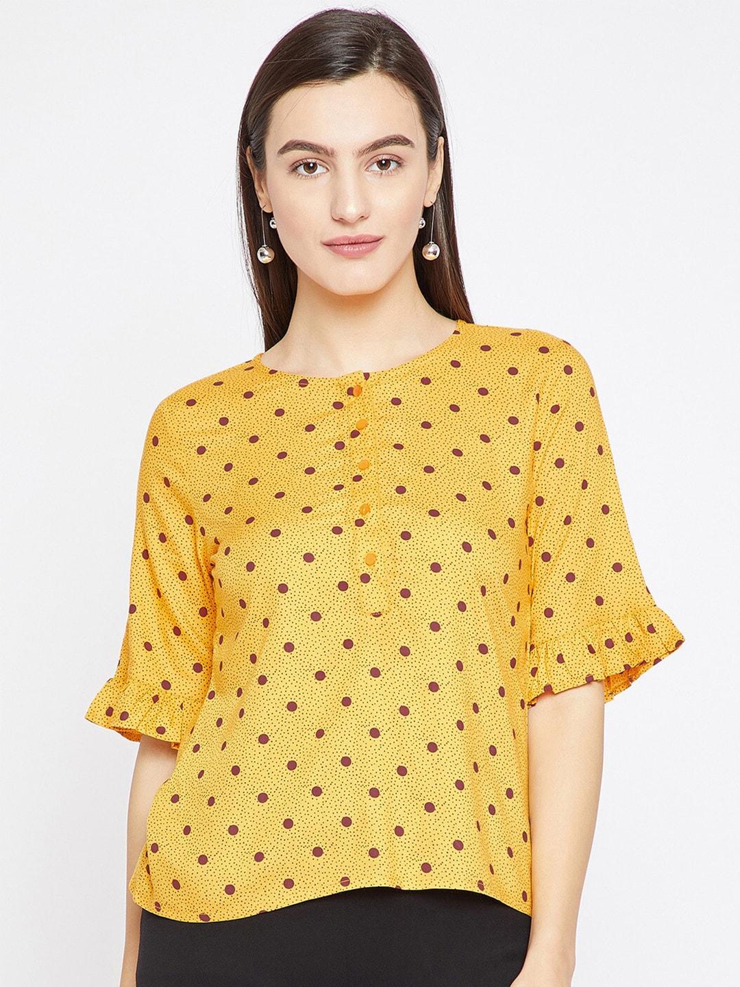 carlton-london-women-yellow-&-maroon-polka-dots-printed-round-neck-top
