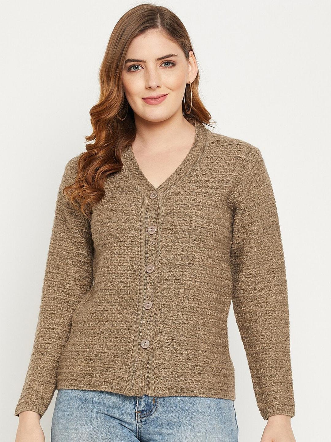 zigo-women-brown-self-design-cable-knit-wool-cardigan-sweater