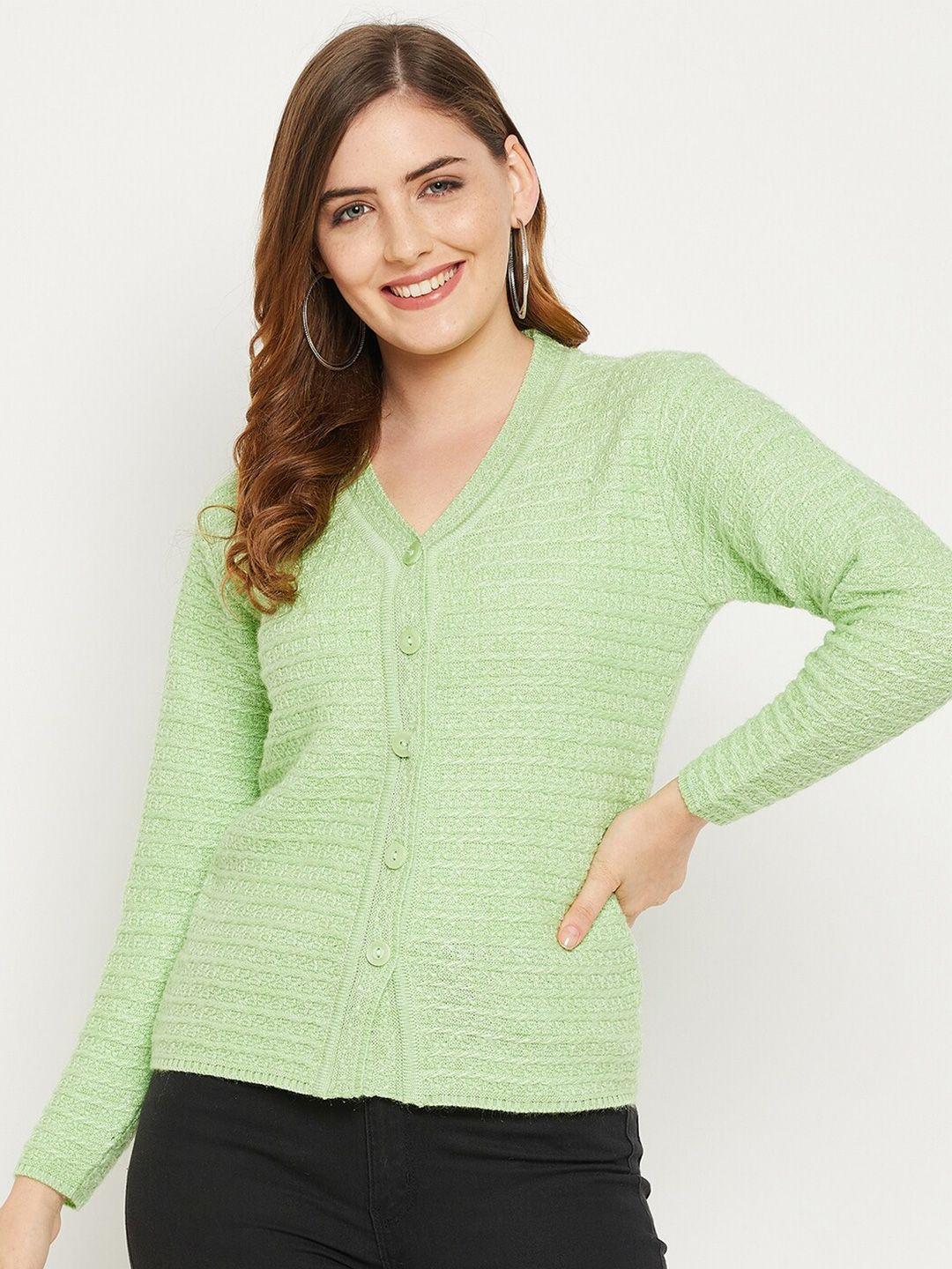 zigo-women-green-self-design-cable-knit-wool-cardigan-sweater