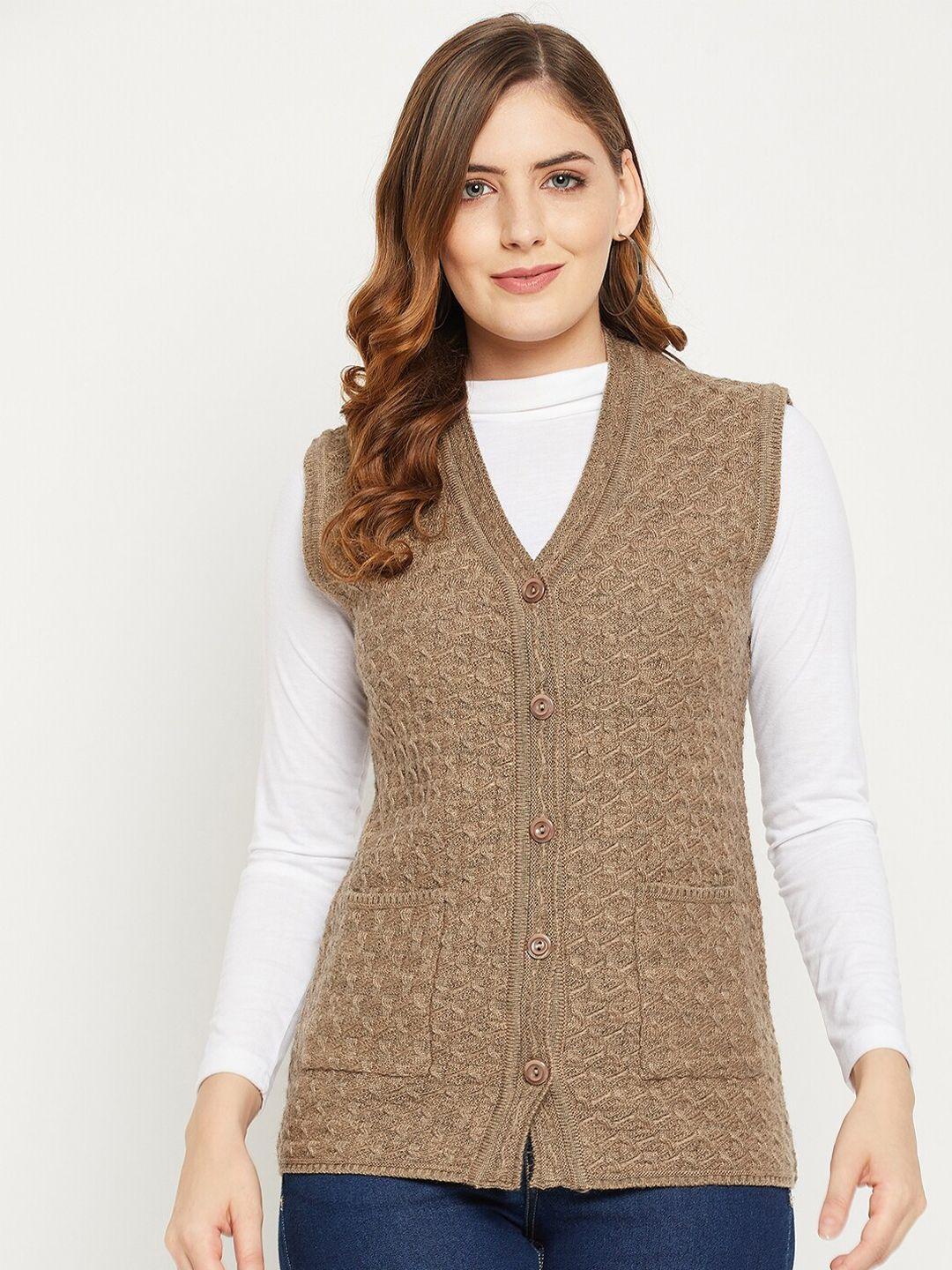 zigo-women-olive-green-self-design-cable-knit-wool-cardigan-sweater