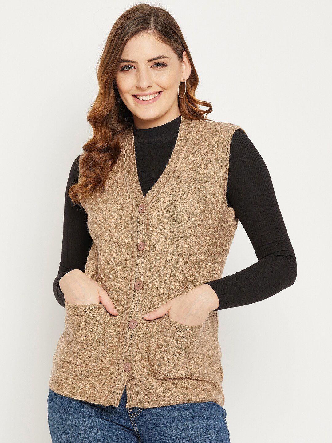 zigo-women-brown-self-design-cable-knit-wool-cardigan-sweater