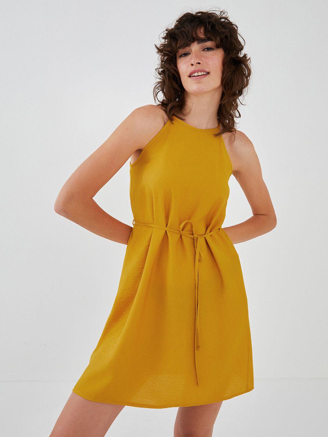 lc-waikiki-mustard-yellow-solid-a-line-mini-dress-with-belt