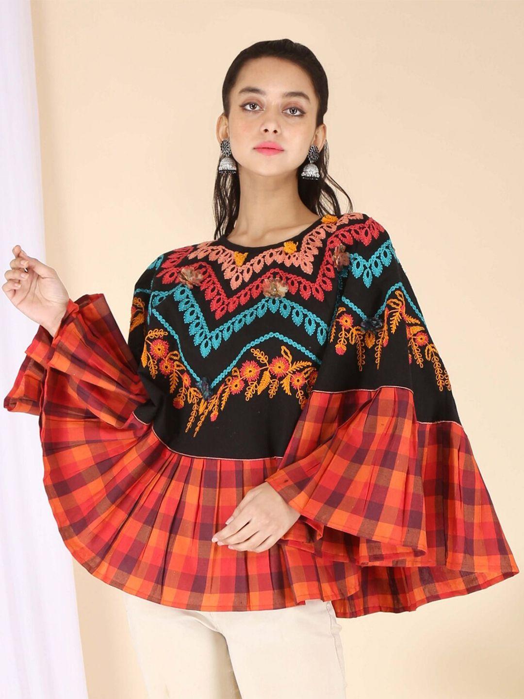 mesmora-fashion-women-black-&-orange-floral-cotton-poncho