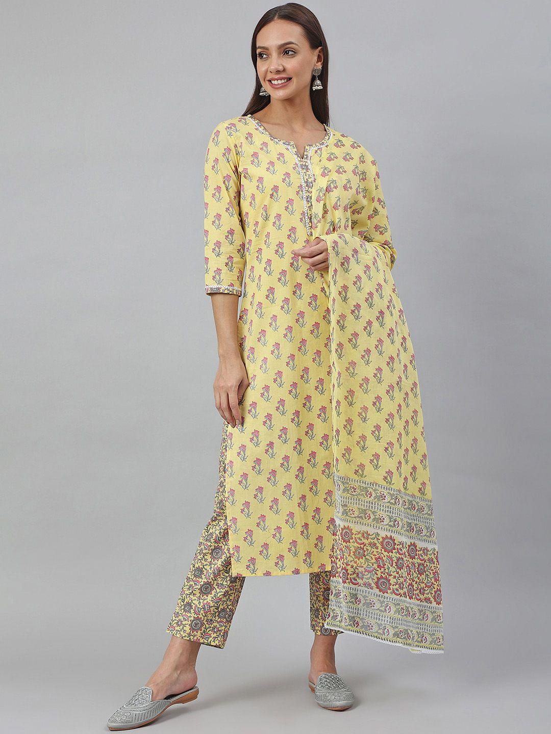 janasya-women-yellow-cotton-floral-print-kurta-with-trouser-and-dupatta