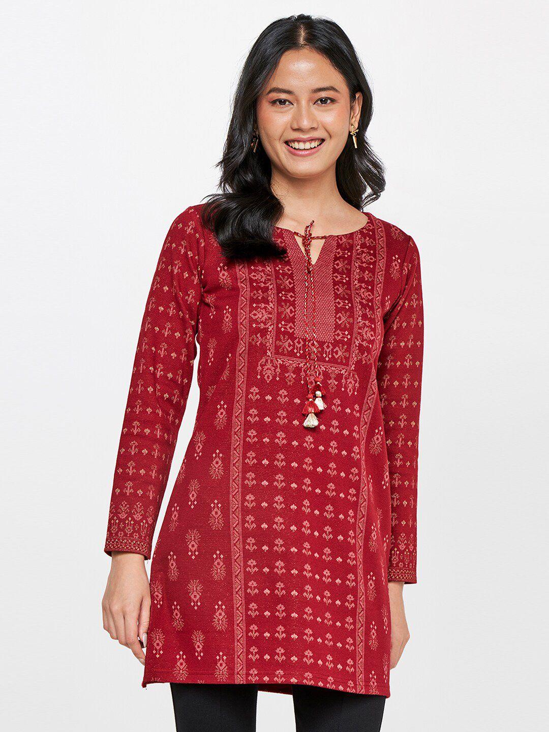 global-desi-women-maroon-ethnic-printed-long-sleeves-tunic