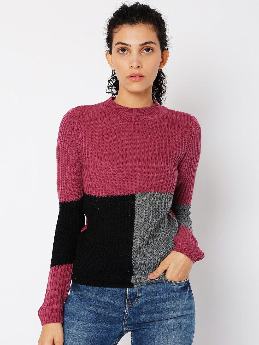 vero-moda-marquee-collection-women-pink-&-black-colourblocked-pullover-cotton-sweater