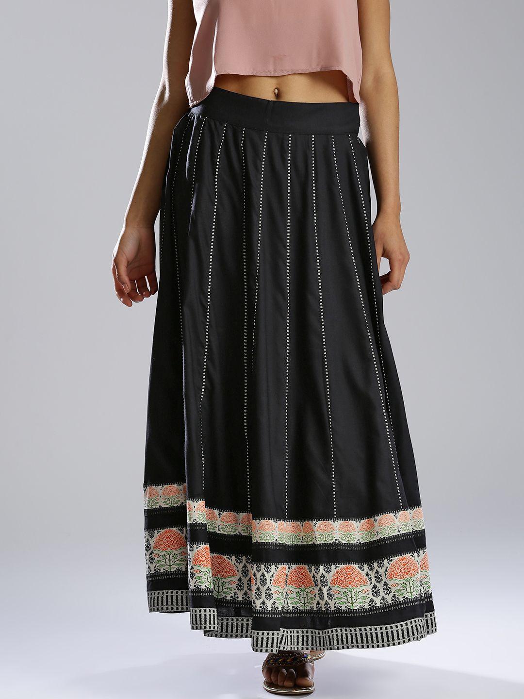 w-black-printed-panelled-maxi-flared-skirt