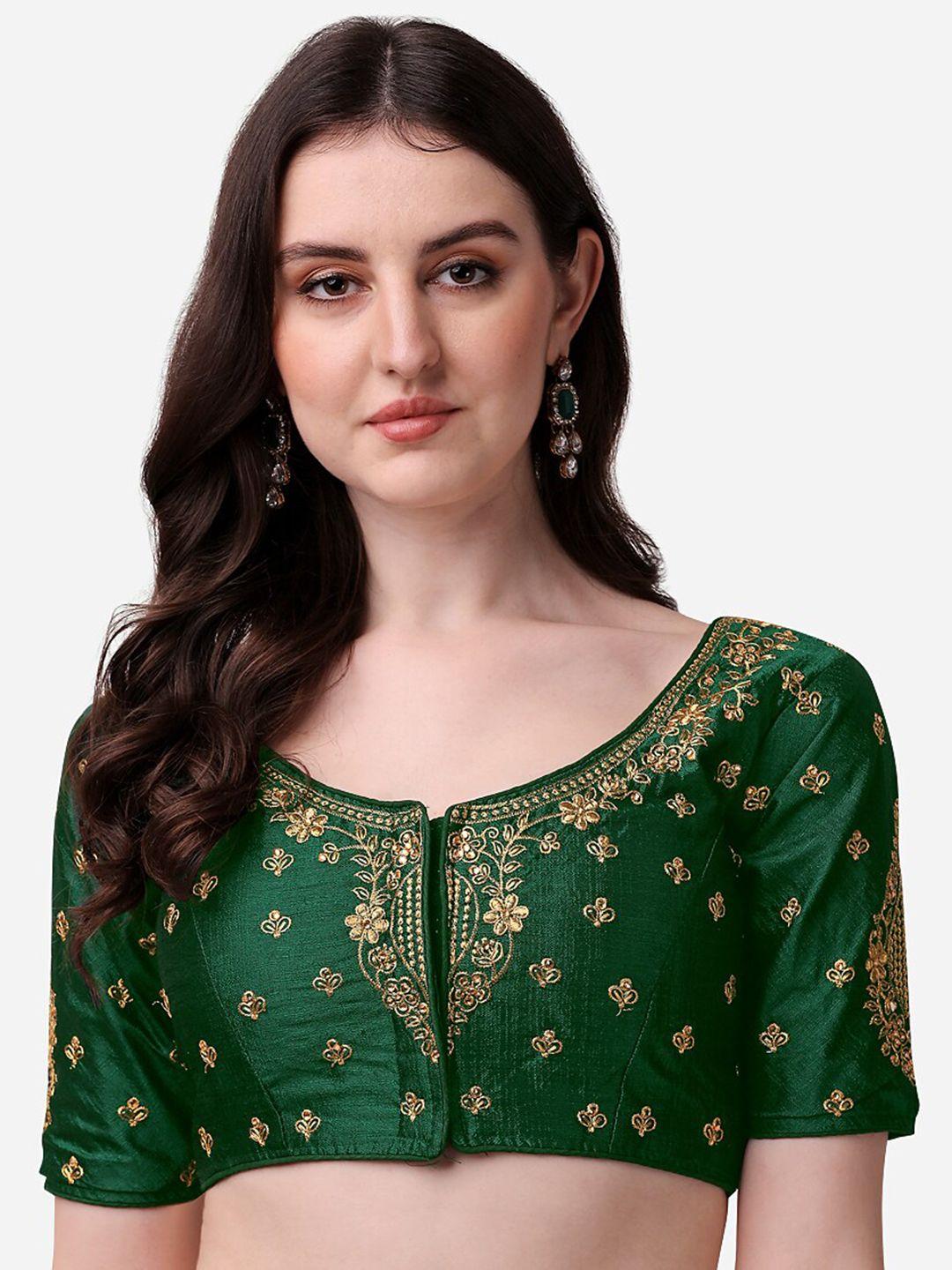 pujia-mills-women-green-&-gold-embroidered-padded-saree-blouse