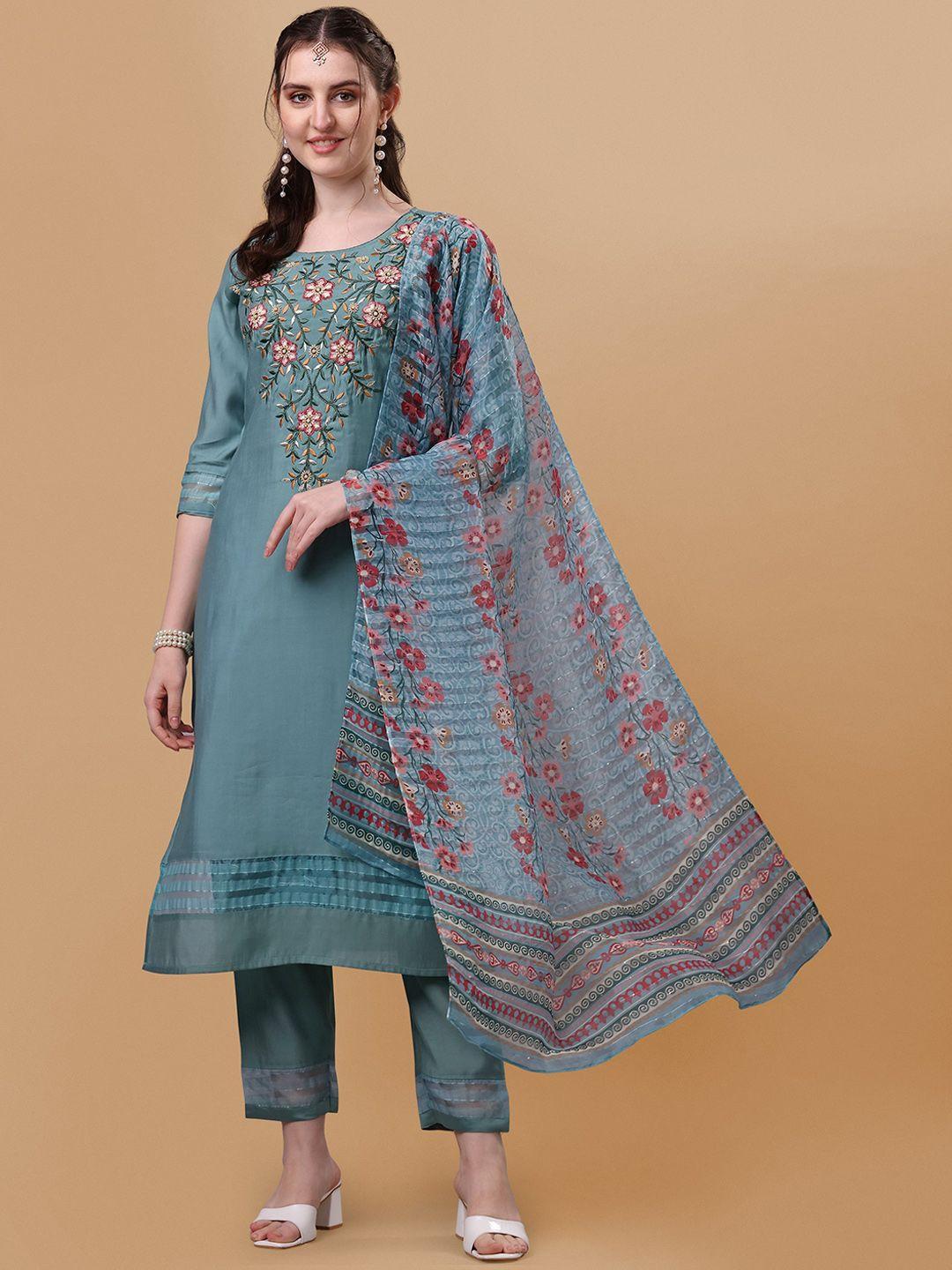 berrylicious-blue-floral-embroidered-thread-work-chanderi-cotton-kurta-with-trousers-&-dupatta