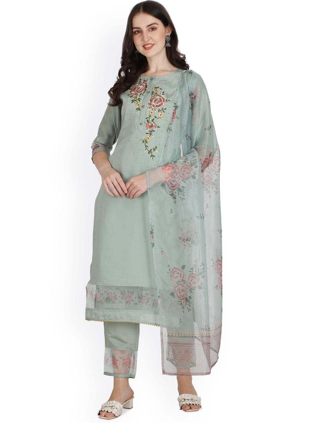 berrylicious-women-sea-green-floral-beads-and-stones-kurta-with-trousers-&-dupatta