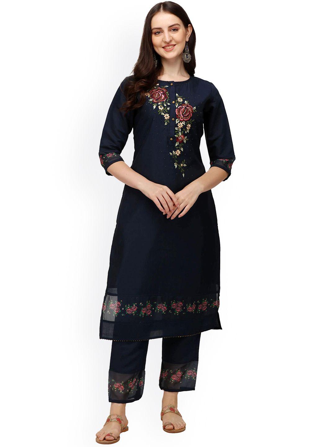 berrylicious-women-blue-floral-embroidered-kurta-with-trousers-&-with-dupatta