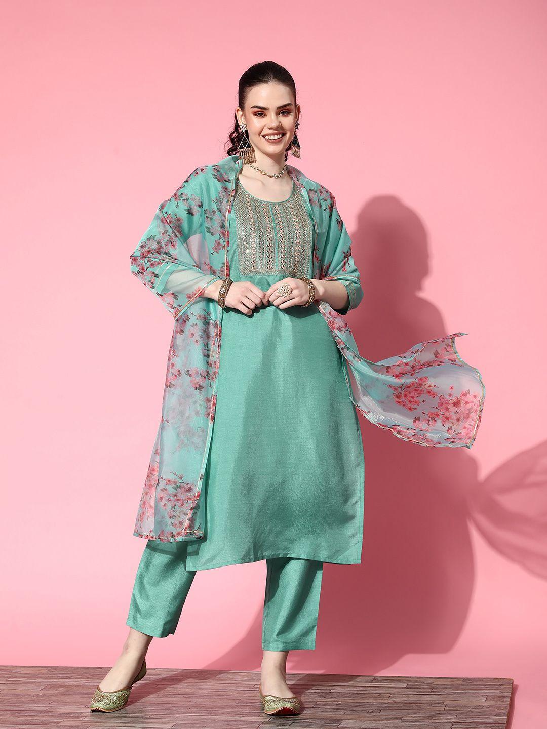 ishin-women-sea-green-floral-yoke-design-kurta-with-trousers-&-with-dupatta