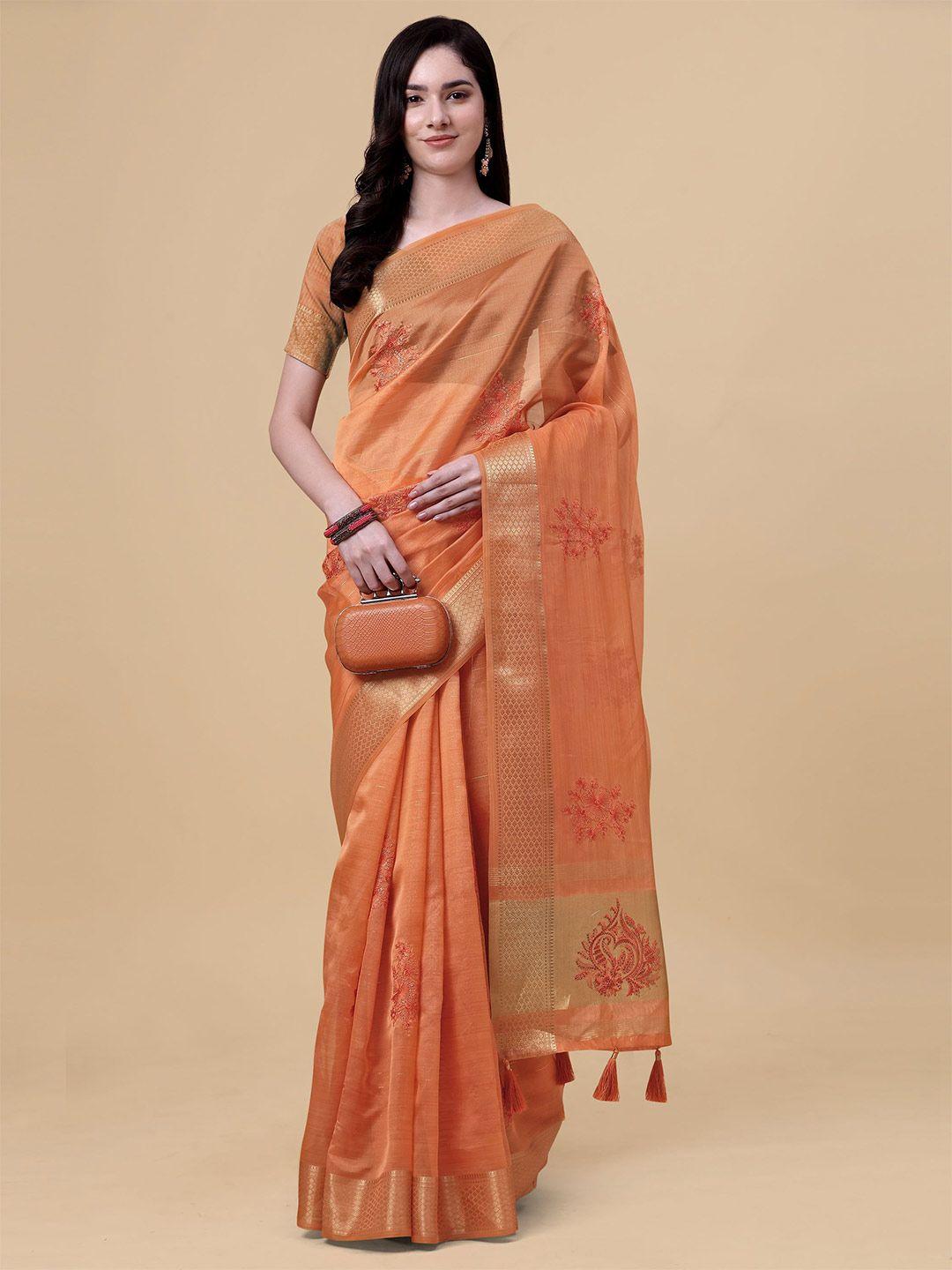 mitera-peach-coloured-&-orange-floral-embroidered-organza-saree