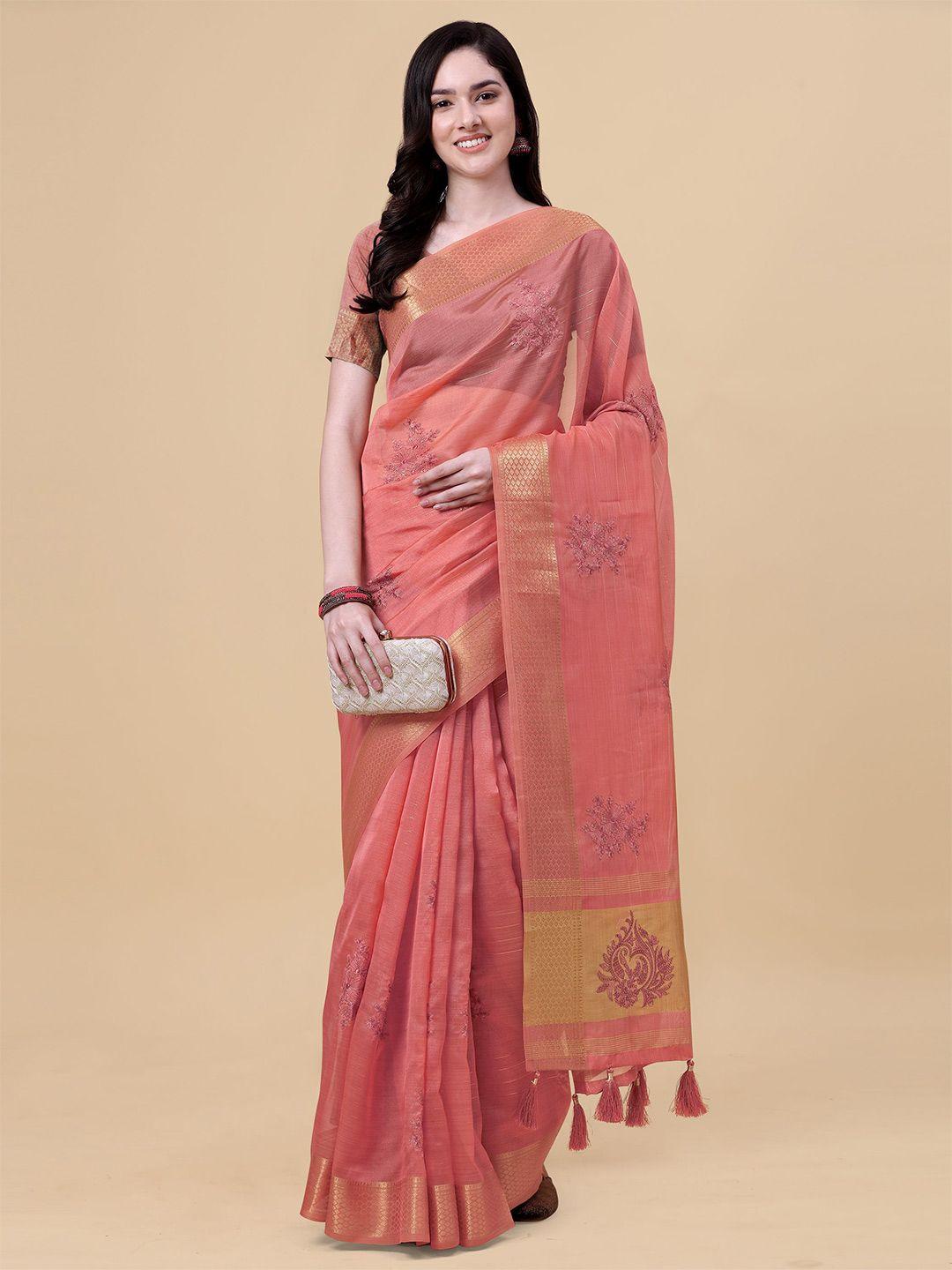 mitera-peach-coloured-&-gold-toned-floral-embroidered-organza-saree