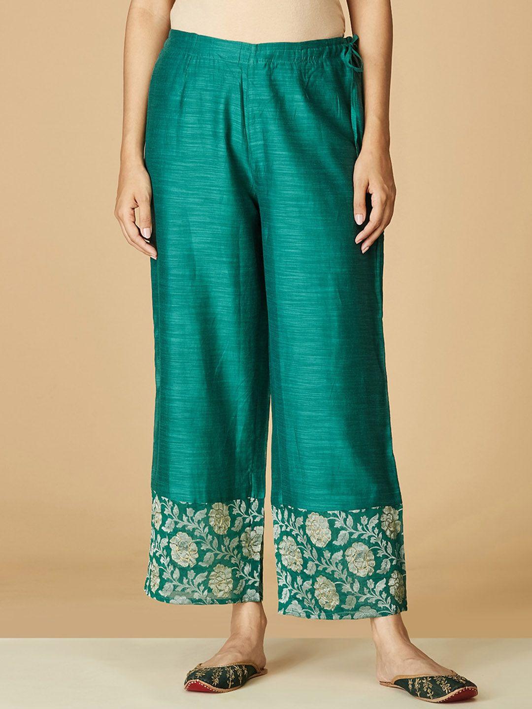 fabindia-women-green-floral-printed-comfort-straight-fit-cotton-trousers