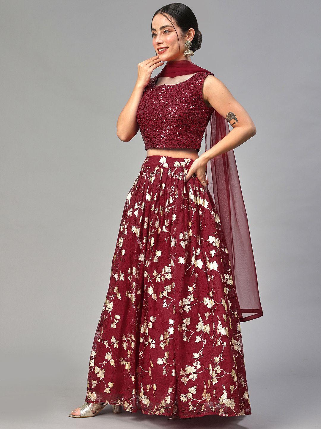 redround-maroon-&-gold-toned-embellished-sequinned-semi-stitched-lehenga-&-unstitched-blouse-with-dupatta