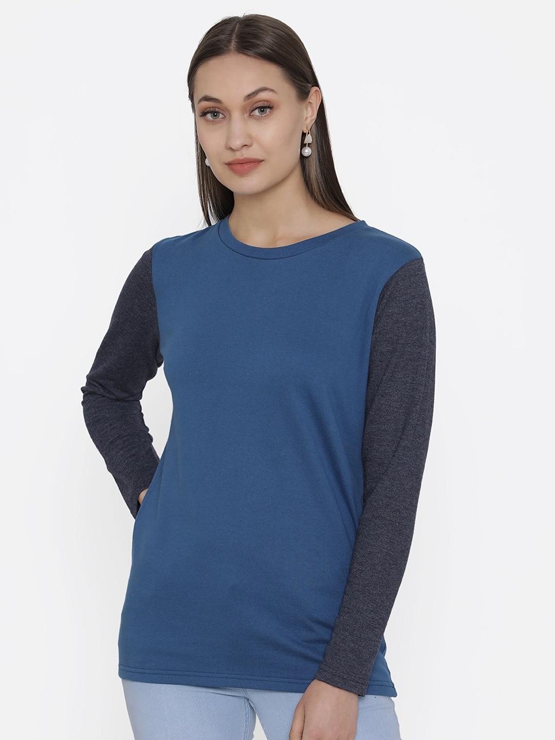door74-women-blue-&-black-colourblocked-t-shirt