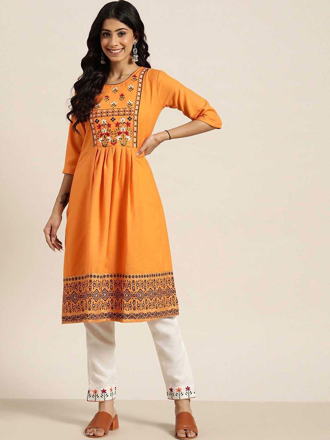 odette-women-orange-embroidered-pleated-thread-work-kurta-with-trousers