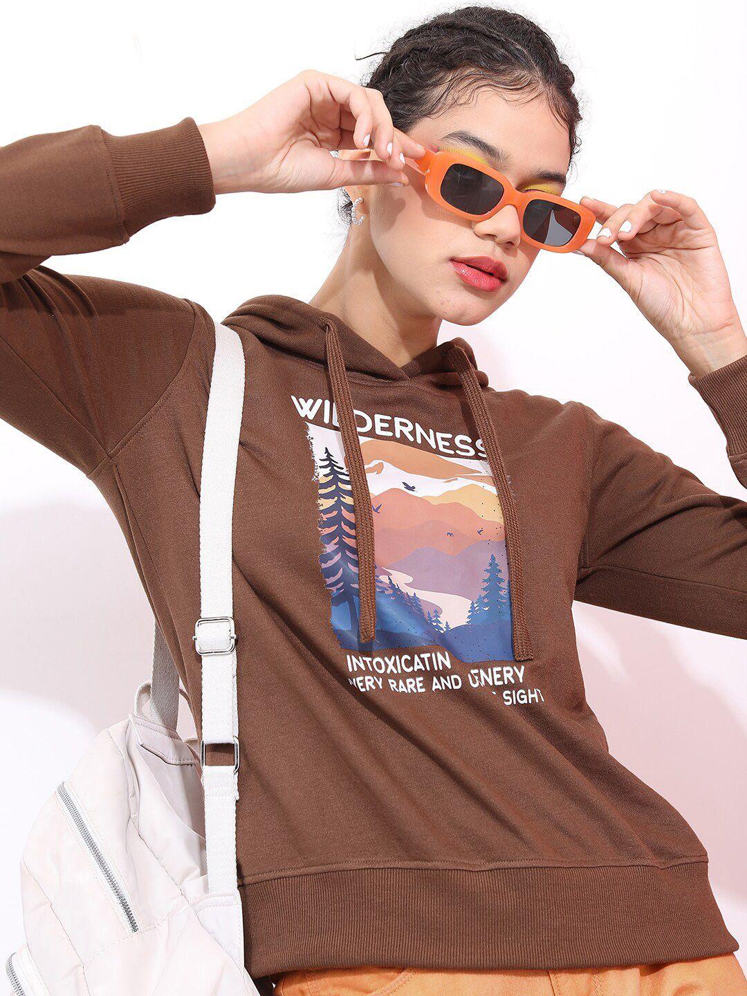 ketch-women-brown-printed-cotton-hooded-sweatshirt