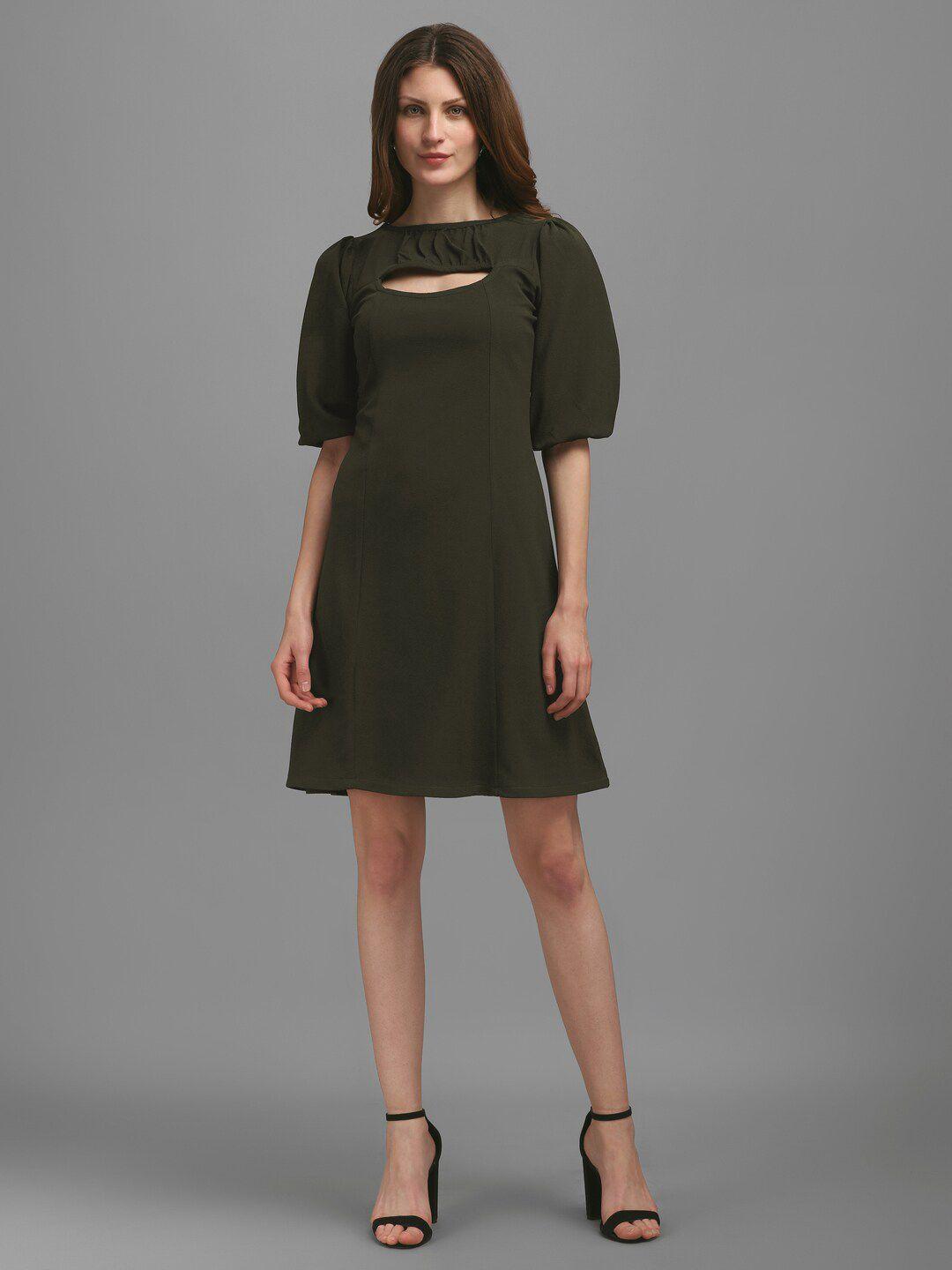 purvaja-olive-green-cut-out-detailed-puff-sleeves-a-line-dress