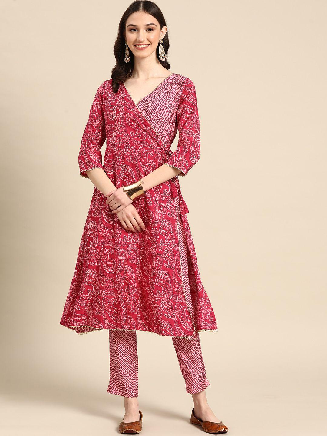sangria-women-fuchsia-ethnic-motifs-printed-angrakha-gotta-patti-kurta-with-trousers