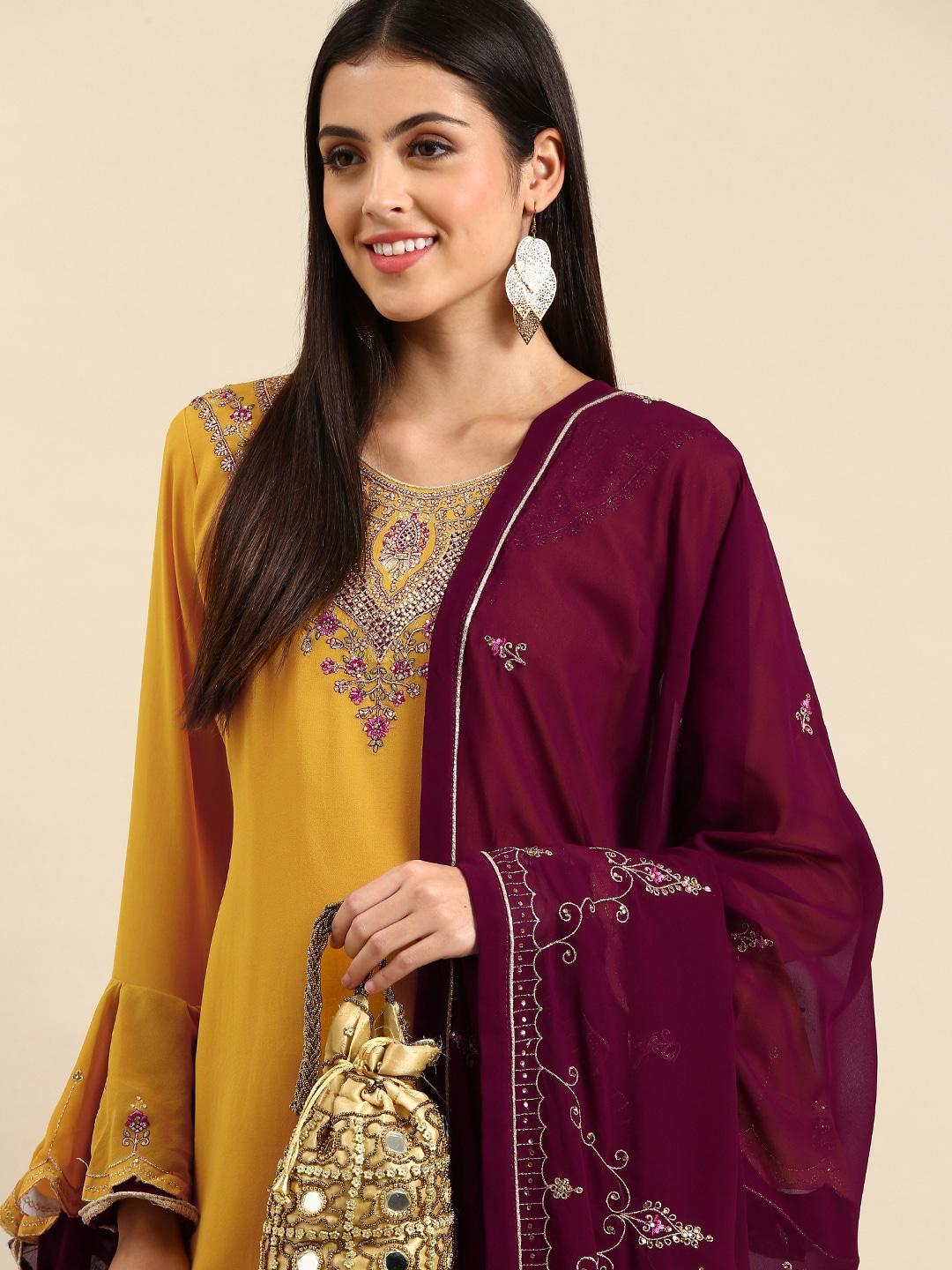 shaily-yellow-&-maroon-embroidered-silk-georgette-unstitched-dress-material