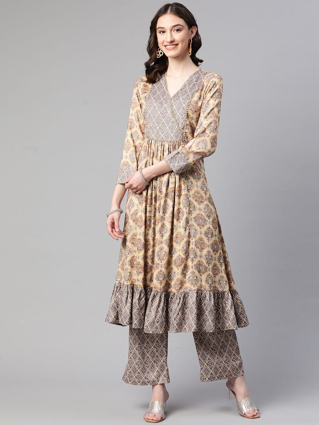 cottinfab-women-beige-floral-printed-panelled-beads-and-stones-kurta-with-trousers