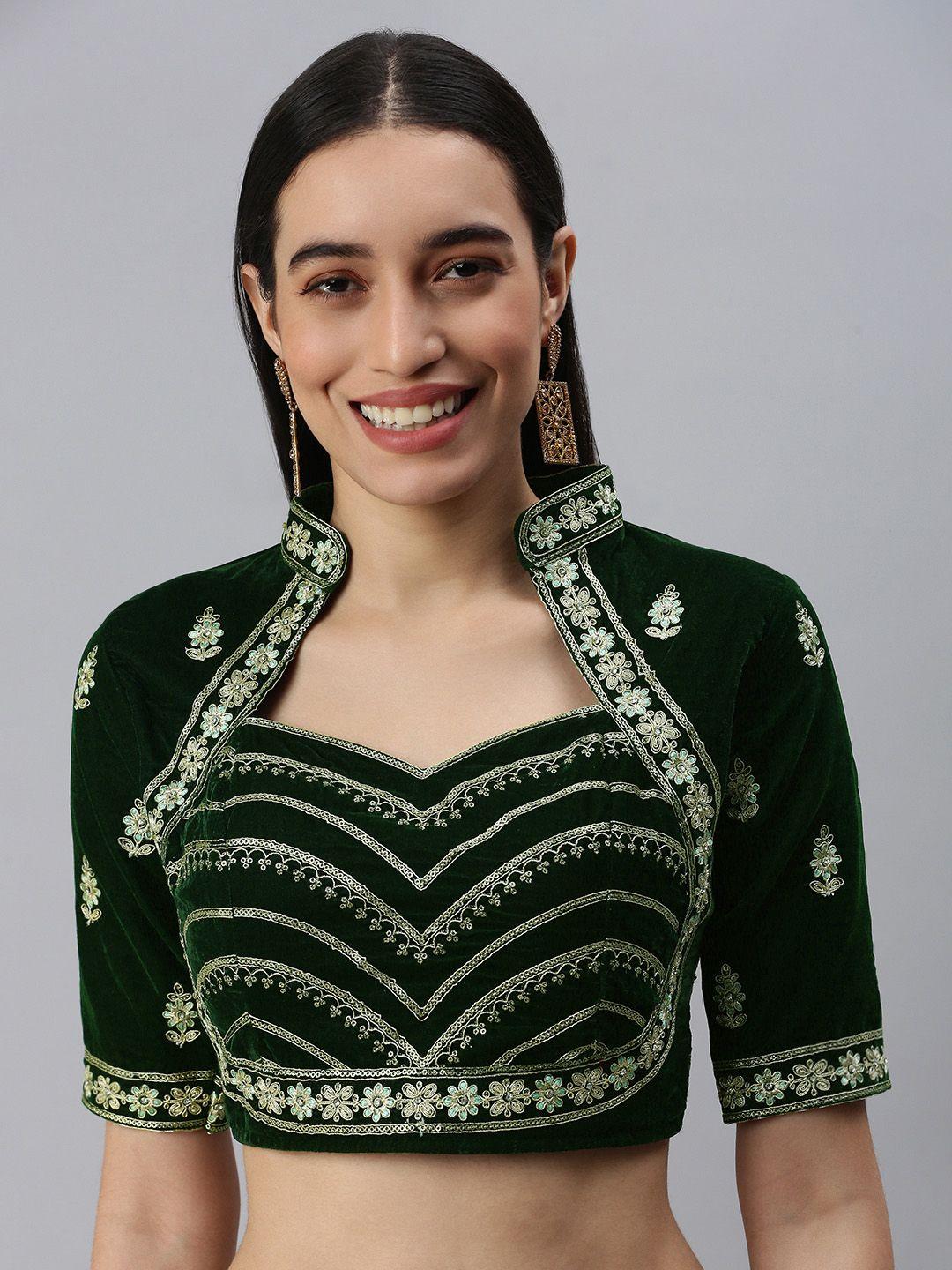 flaher-women-green-embroidered-velvet-padded-saree-blouse