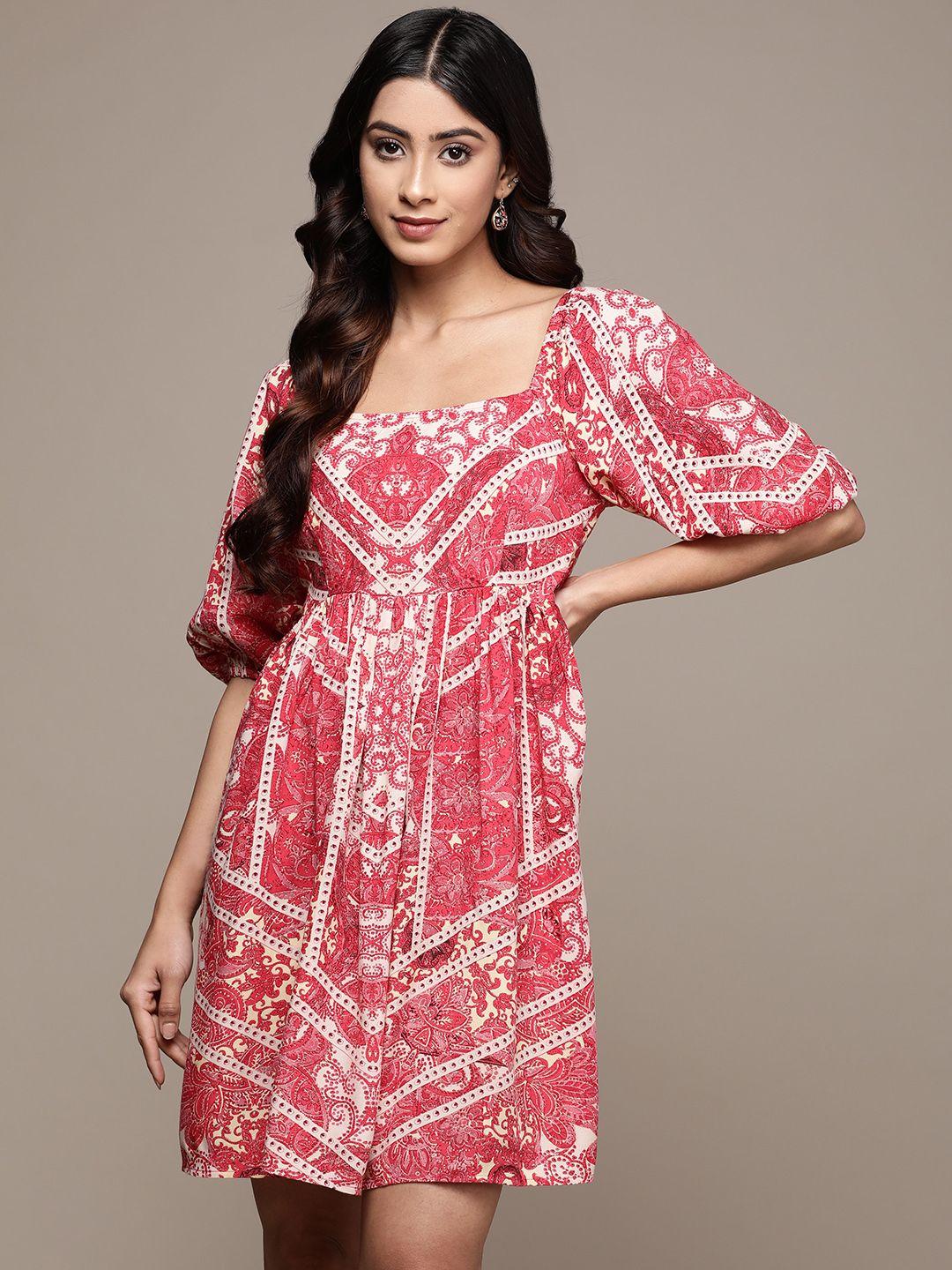 label-ritu-kumar-pink-&-white-floral-a-line-dress