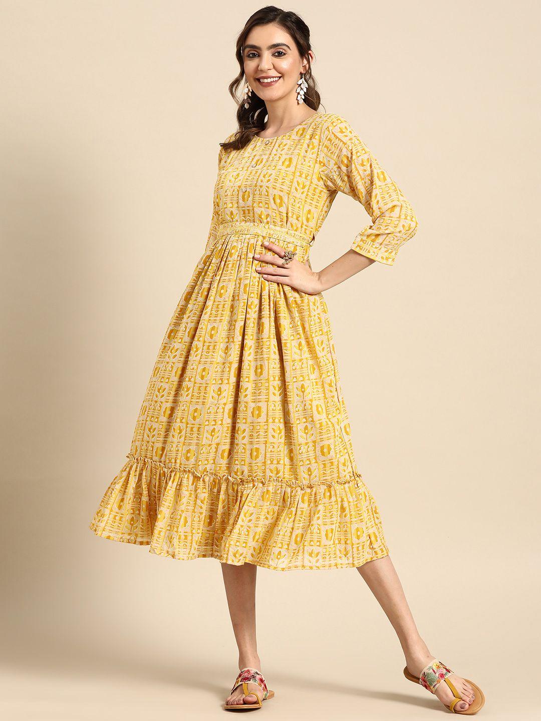 sangria-yellow-&-cream-coloured-floral-ethnic-georgette-a-line-midi-dress