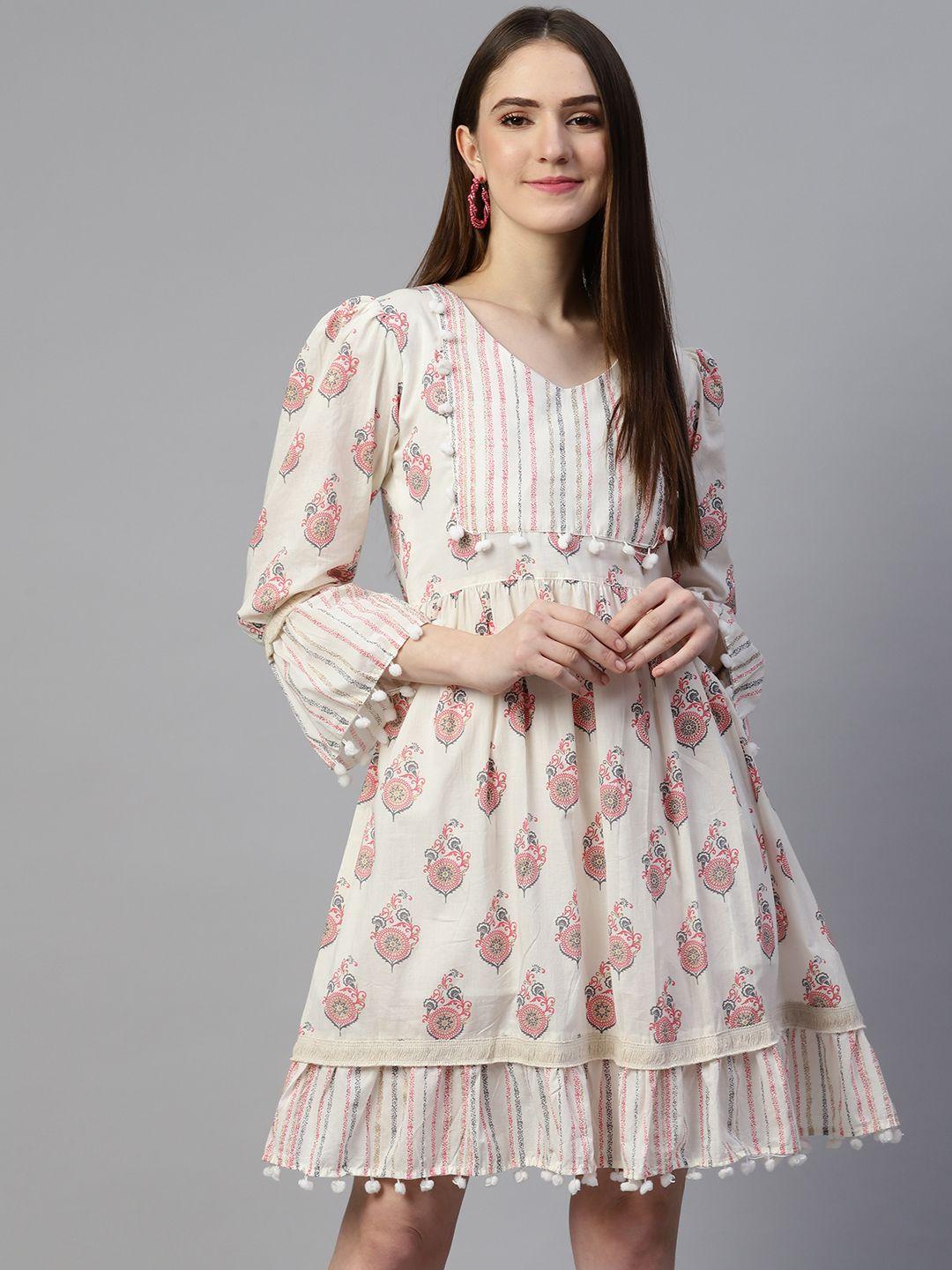 serona-fabrics-off-white-&-pink-ethnic-motifs-ethnic-cotton-a-line-dress