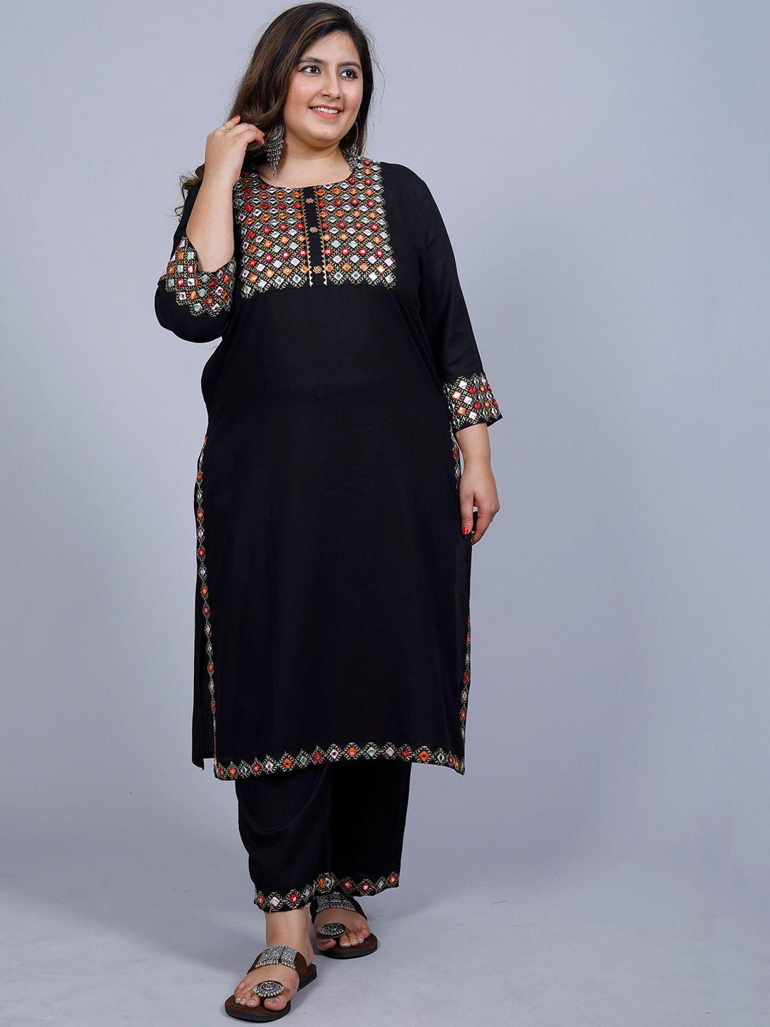 pneha-women-plus-size-ethnic-motifs-embroidered-mirror-work-kurta-with-trousers