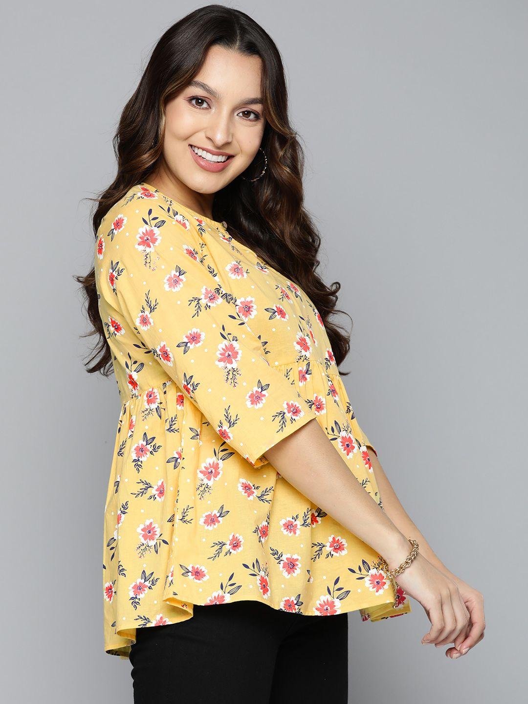 here&now-yellow-floral-print-keyhole-neck-peplum-top