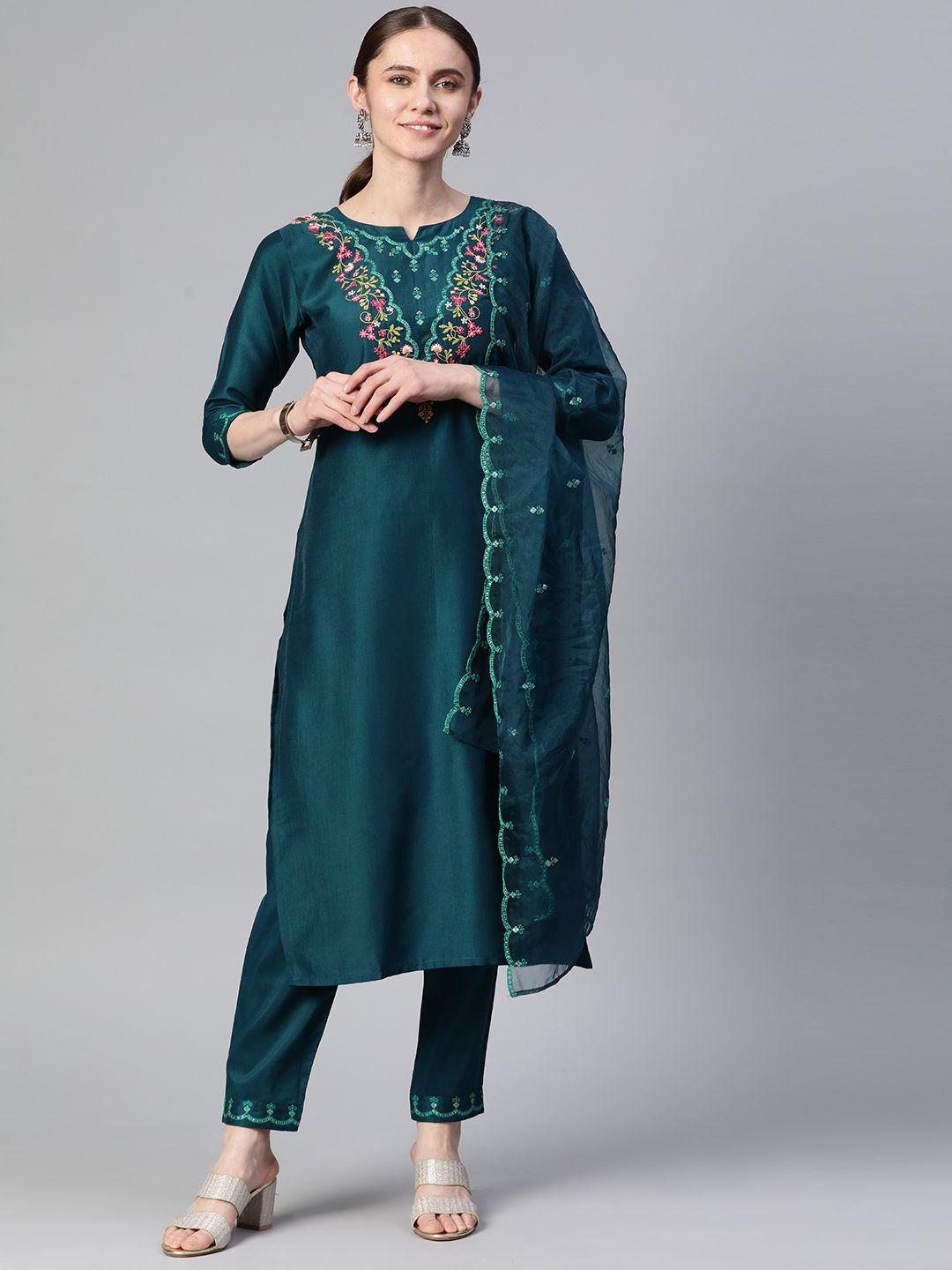 rajgranth-women-teal-floral-embroidered-mirror-work-kurta-with-trousers-&-with-dupatta
