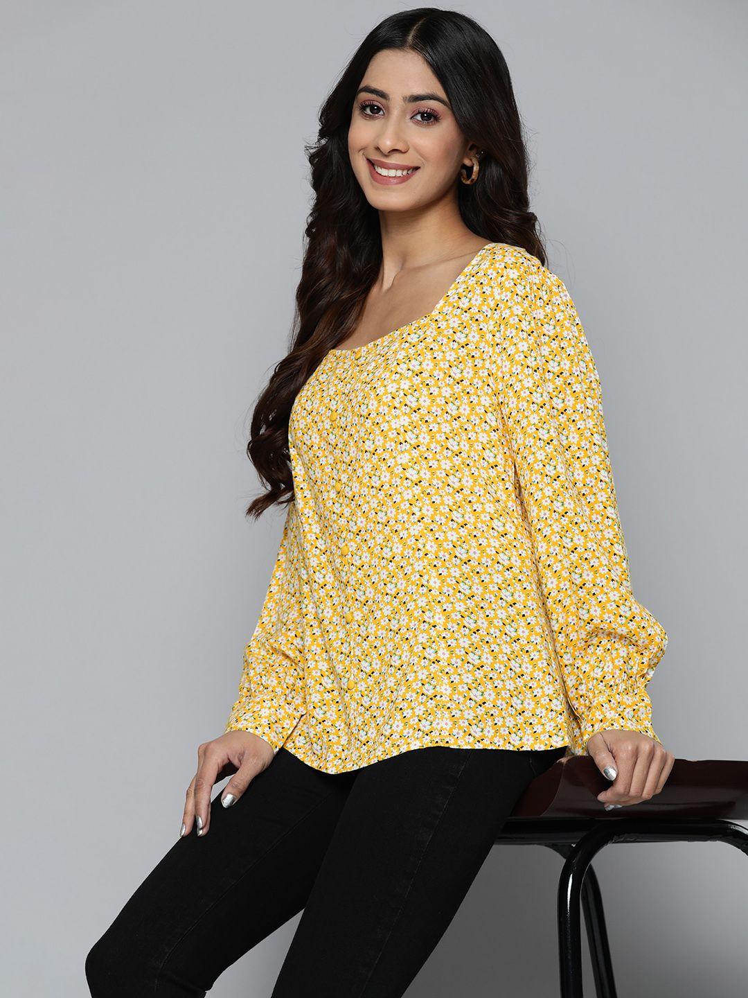 here&now-floral-print-puff-sleeves-sweetheart-neck-longline-top
