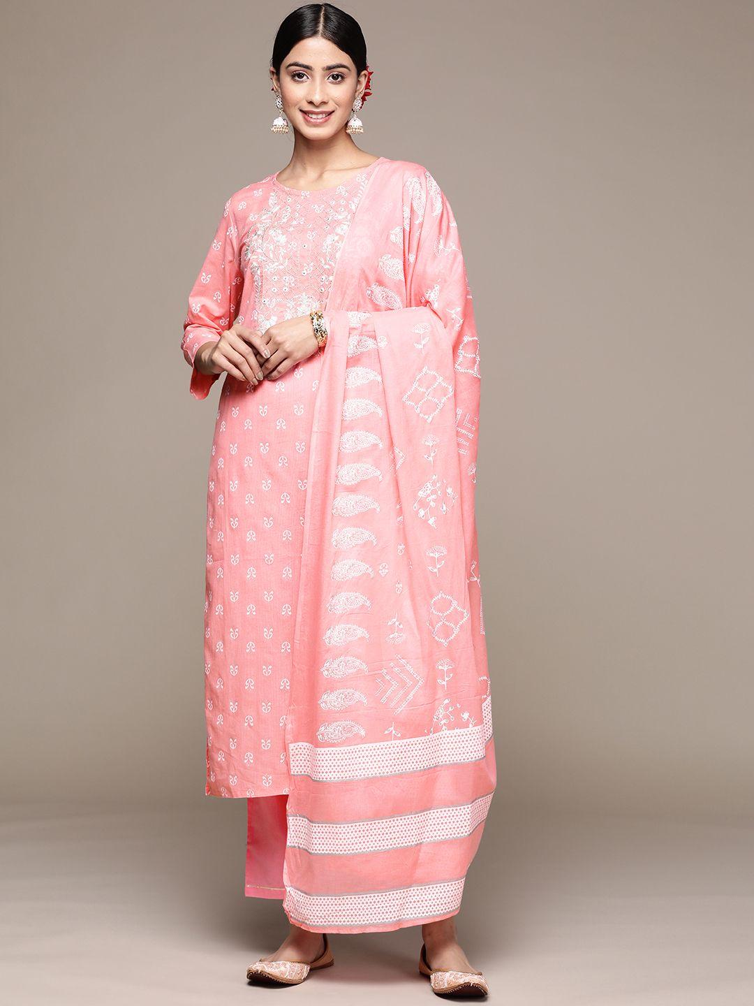 anubhutee-women-floral-printed-mirror-work-pure-cotton-kurta-with-trousers-&-dupatta