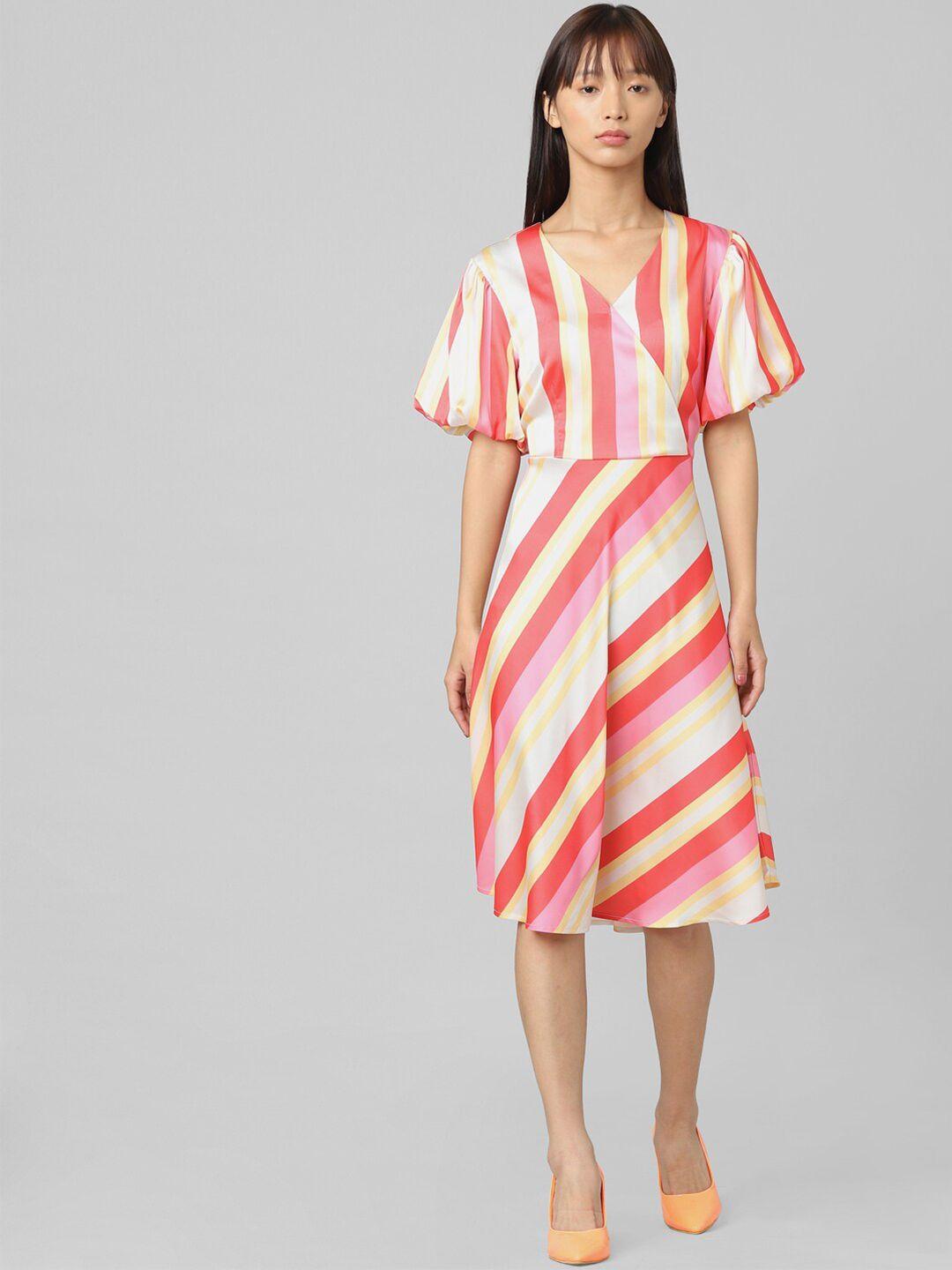 only-striped-puff-sleeves-wrap-dress