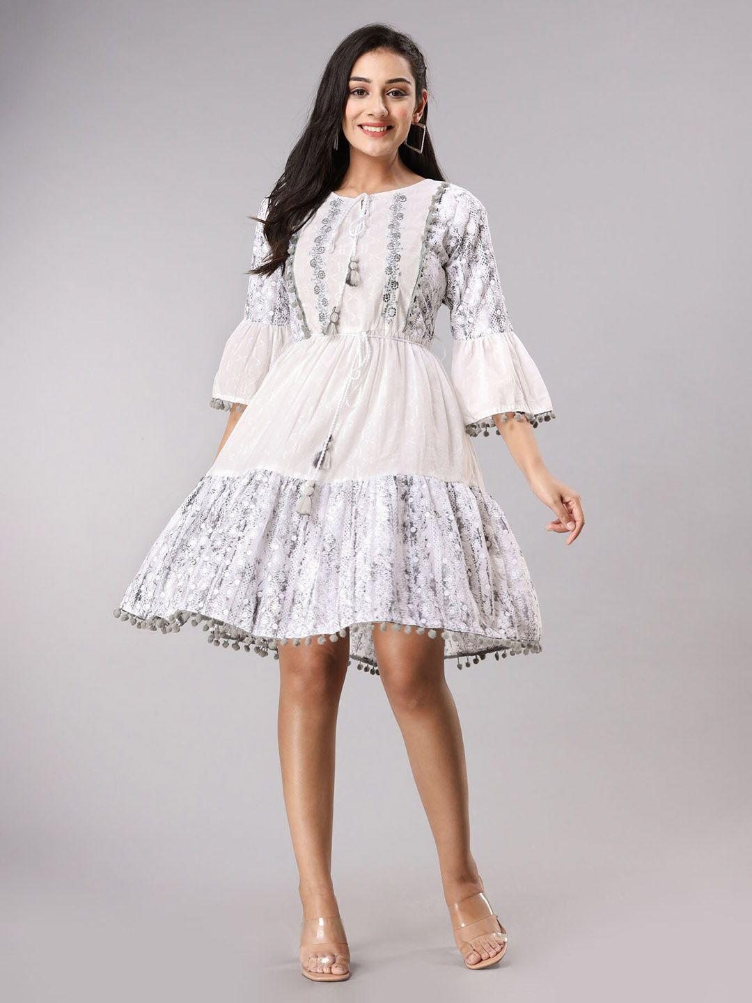 fashion-dwar-floral-embroidered-tie-up-neck-bell-sleeves-cotton-dress-with-pom-pom