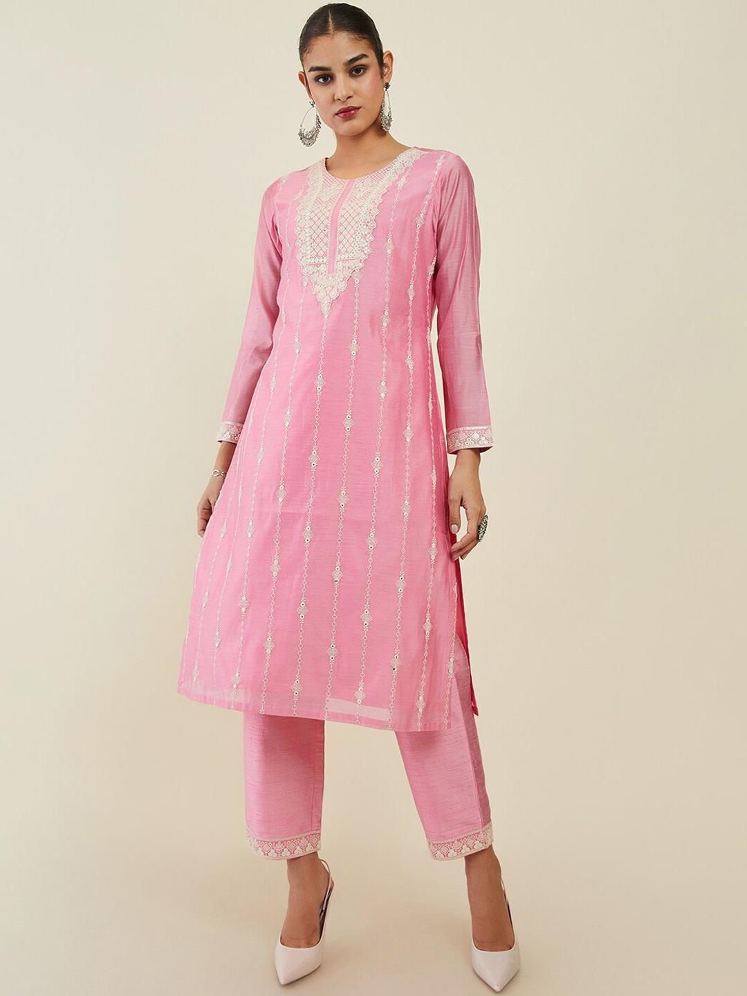 soch-women-floral-embroidered-chanderi-silk-kurta-with-trousers